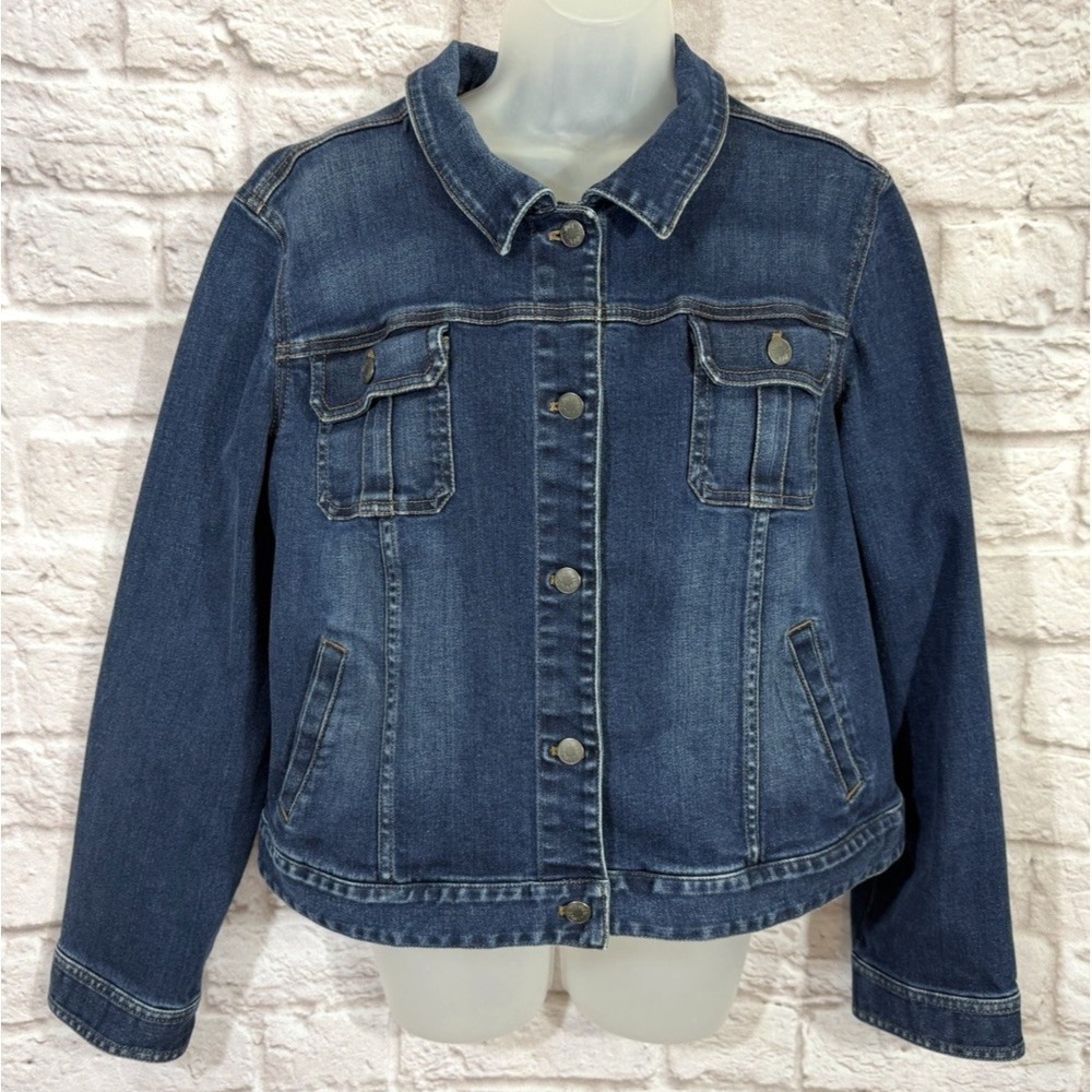 J Jill Denim Jean Jacket XL Dark Wash Distressed Stretch Western Trucker Classic